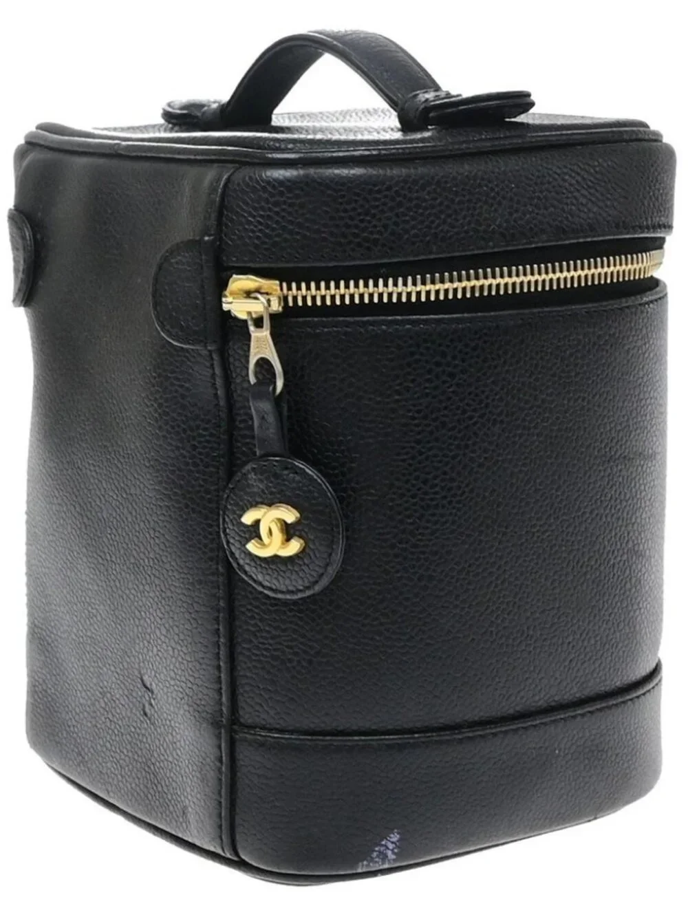 CHANEL Vanity Cosmetic Hand Bag Grained Calfskin Leather Black Vintage